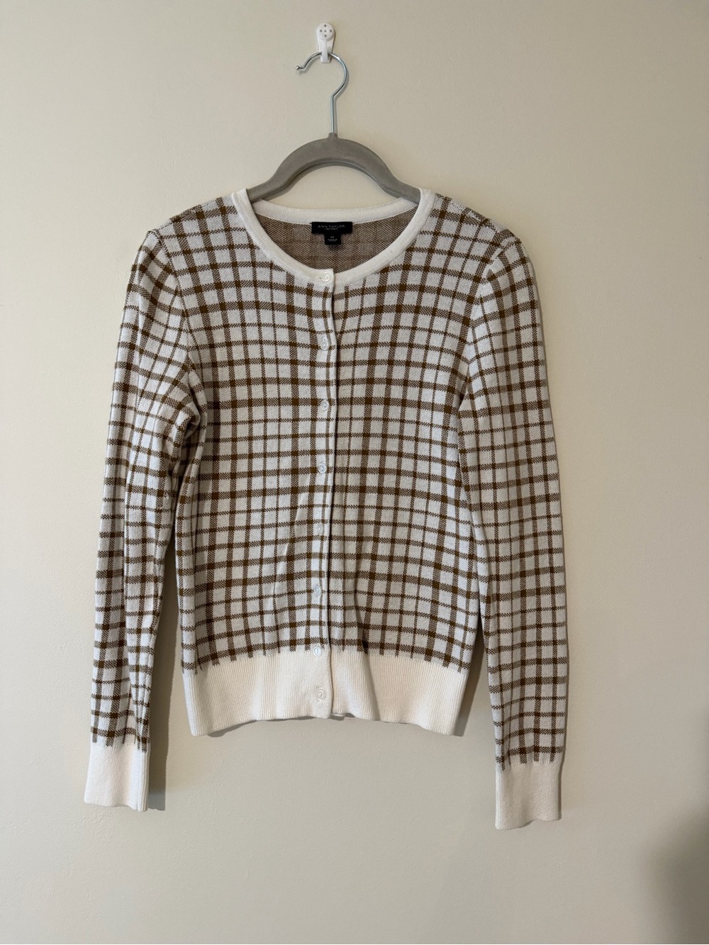 Ann Taylor White and Brown Windowpane Crewneck Cardigan